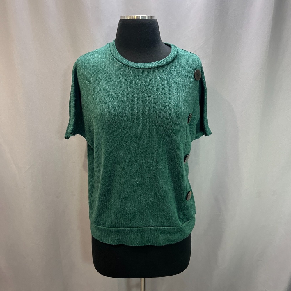 Lavish Short Sleeve Sweater Women Medium Green Knit Asymmetrical Button Pullover
